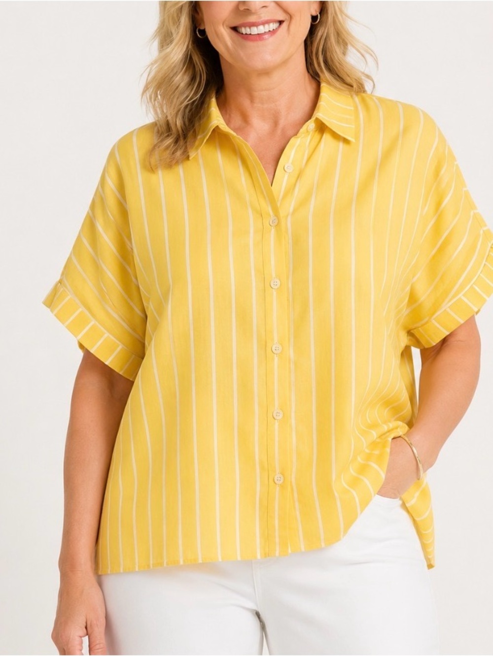 CHICO'S Women Cotton Blend Boxy Camp Shirt Yellow Stripe Size 2, L NEW